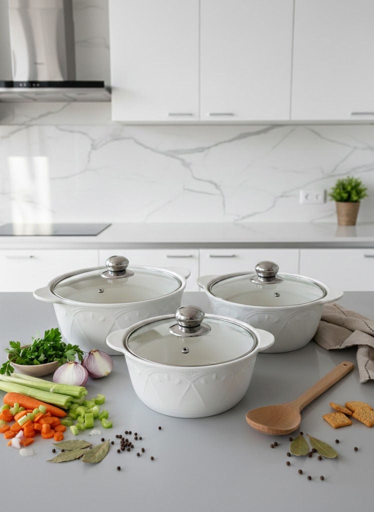 3-Piece Ceramic Soup Bowl Set With Glass Lid White/Silver; Small Bowl 8.5 Inch, Medium Bowl 10 Inch, Large Bowl 11.5 Inch